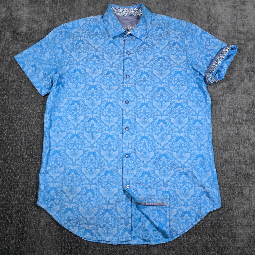 Robert Graham Mens Small Blue Damask Jacquard Short Sleeve Button Down Shirt S